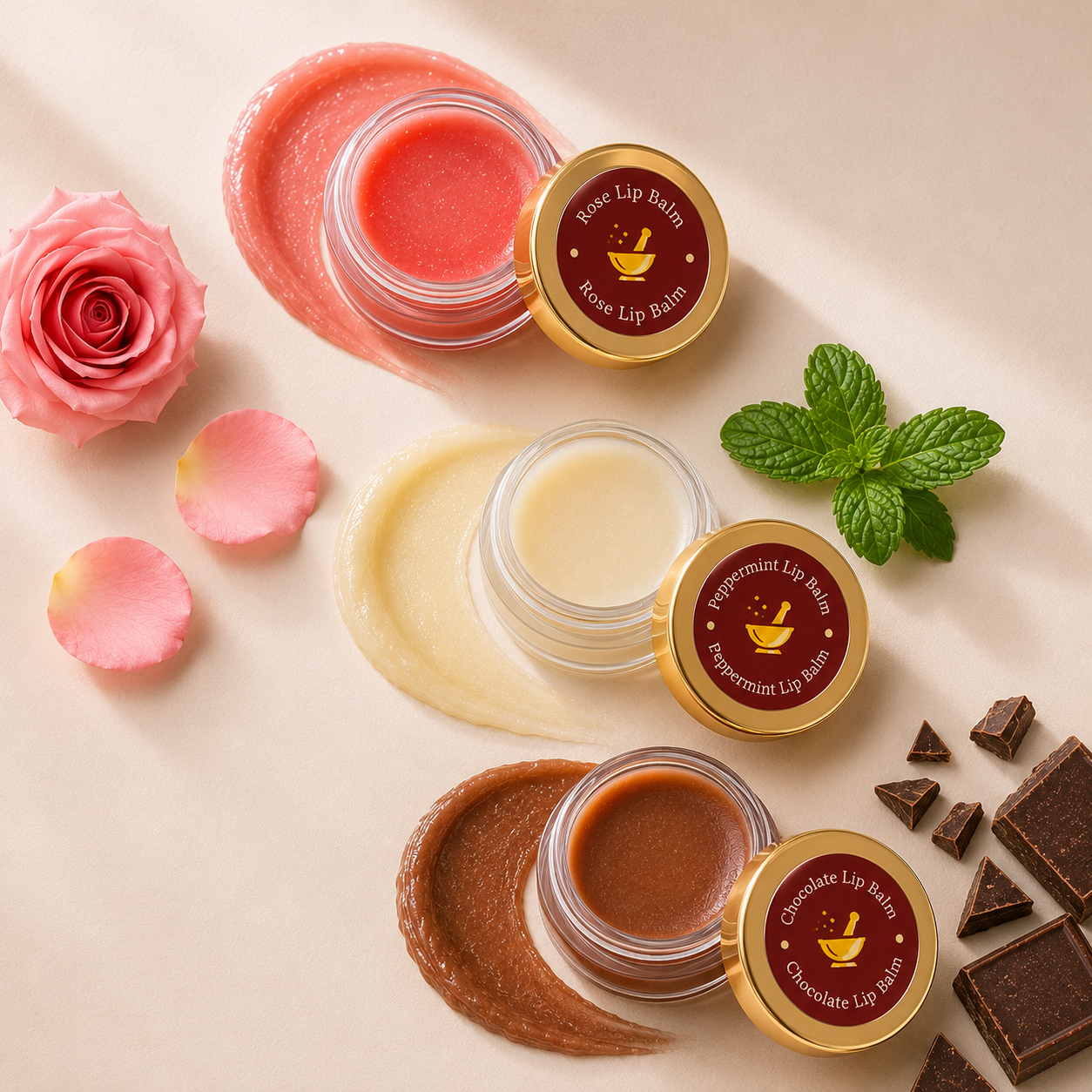 Ayur Lavanya Lip Balm Trio | Rose, Peppermint & Chocolate | Nourishing Lip Balm Combo