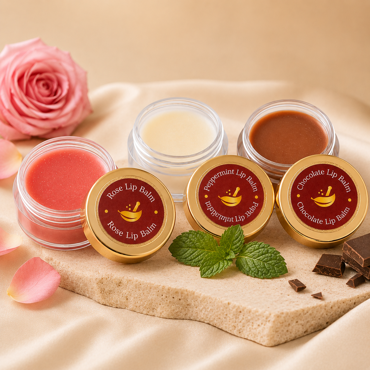 Ayur Lavanya Lip Balm Trio | Rose, Peppermint & Chocolate | Nourishing Lip Balm Combo